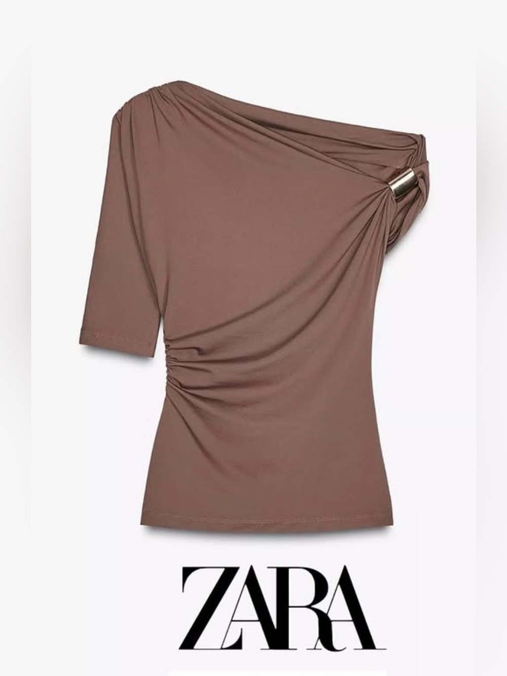 ZARA Asymmetric Polyamide Top in Chocolate Brown